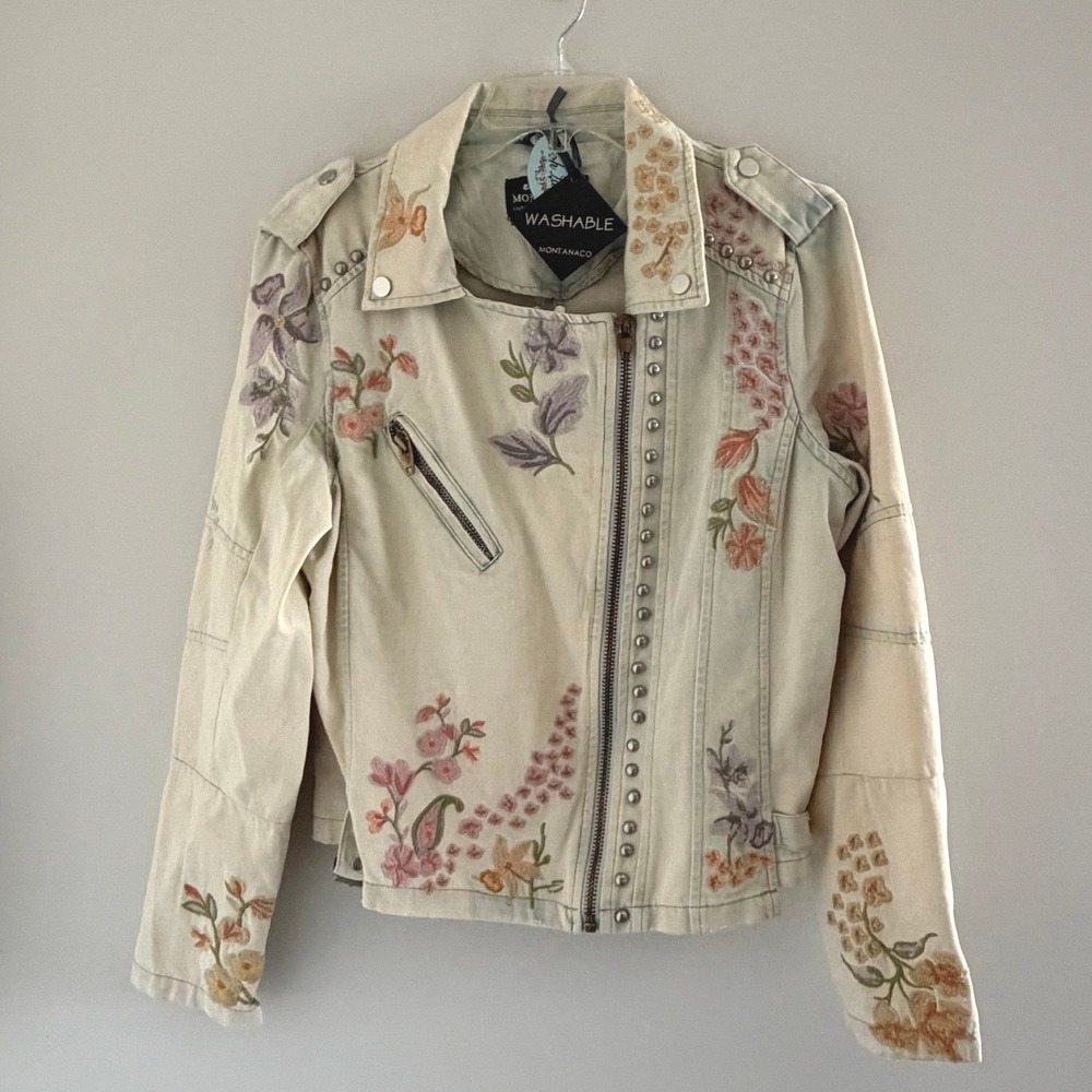 Montanaco Cream Floral Embroidered Studded Cotton Moto Jacket Vintage NWT Boho